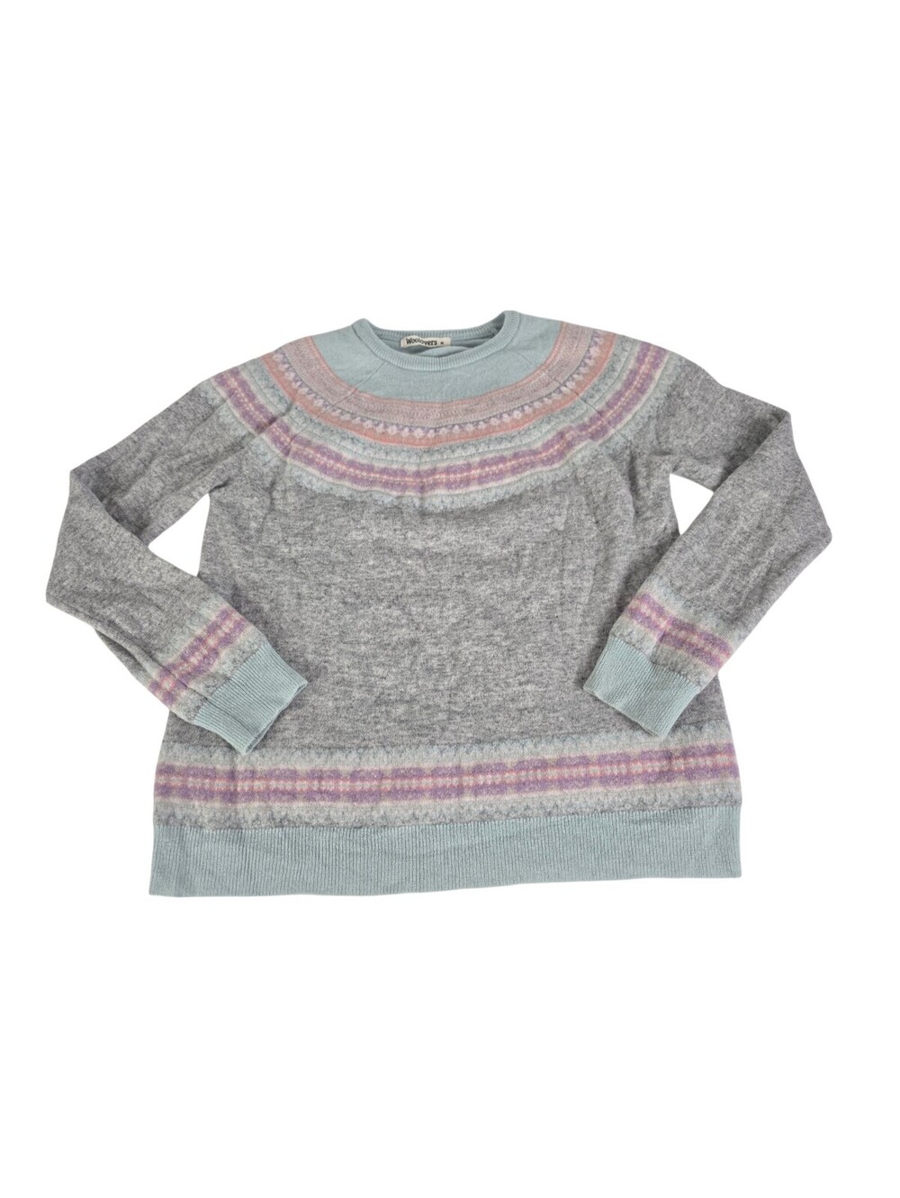 Woolovers Fair Isle Jumper Merino Wool Pink Baby Blue Gray Size Medium